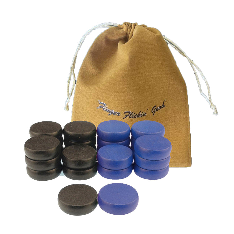 Premium set of 26 black and blue Crokinole discs made from hard maple, sized at 1-1/4 diameter with special spray-tumbling finish, includes 2 spare discs and bag