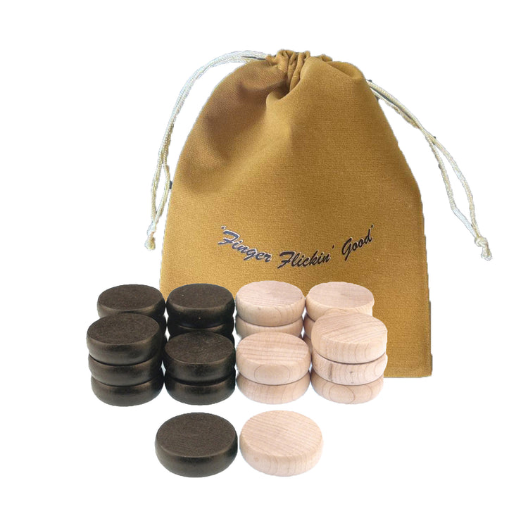 Set of 13 black and 13 wooden Crokinole discs, tournament size 1-1/4 inches, includes 2 spare discs and a bag, perfect Carrom alternative