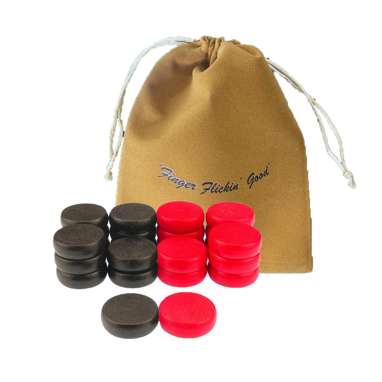 Premium set of 26 black and red Crokinole discs made from hard maple, with smooth finish and 1-1/4 diameter for authentic gameplay, includes 2 spare discs and bag