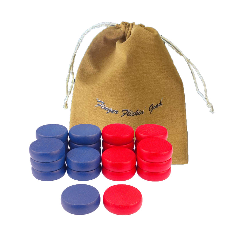 A vibrant set of 26 durable hard maple Crokinole discs in blue and red, each measuring 1-1/4 in diameter, with a special spray-tumbling technique for a smooth finish and 2 spare discs included in a convenient storage bag