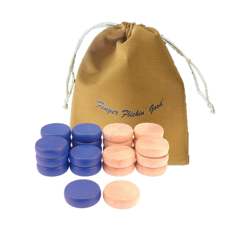 Crokinole Tournament Discs - 13 Blue and 13 Wooden - Size 1-1/4" - 24 Needed + 2 Spare Discs - Bag Included - Carrom Alternative - Crokinole Europe