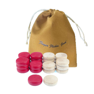Crokinole Tournament Discs - 13 Red and 13 Wooden - Size 1-1/4" - 24 Needed + 2 Spare Discs - Bag Included - Carrom Alternative - Crokinole Europe