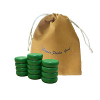 Premium set of 13 green crokinole discs, tournament size 1-1/4 inches, includes a convenient bag for easy storage and transport