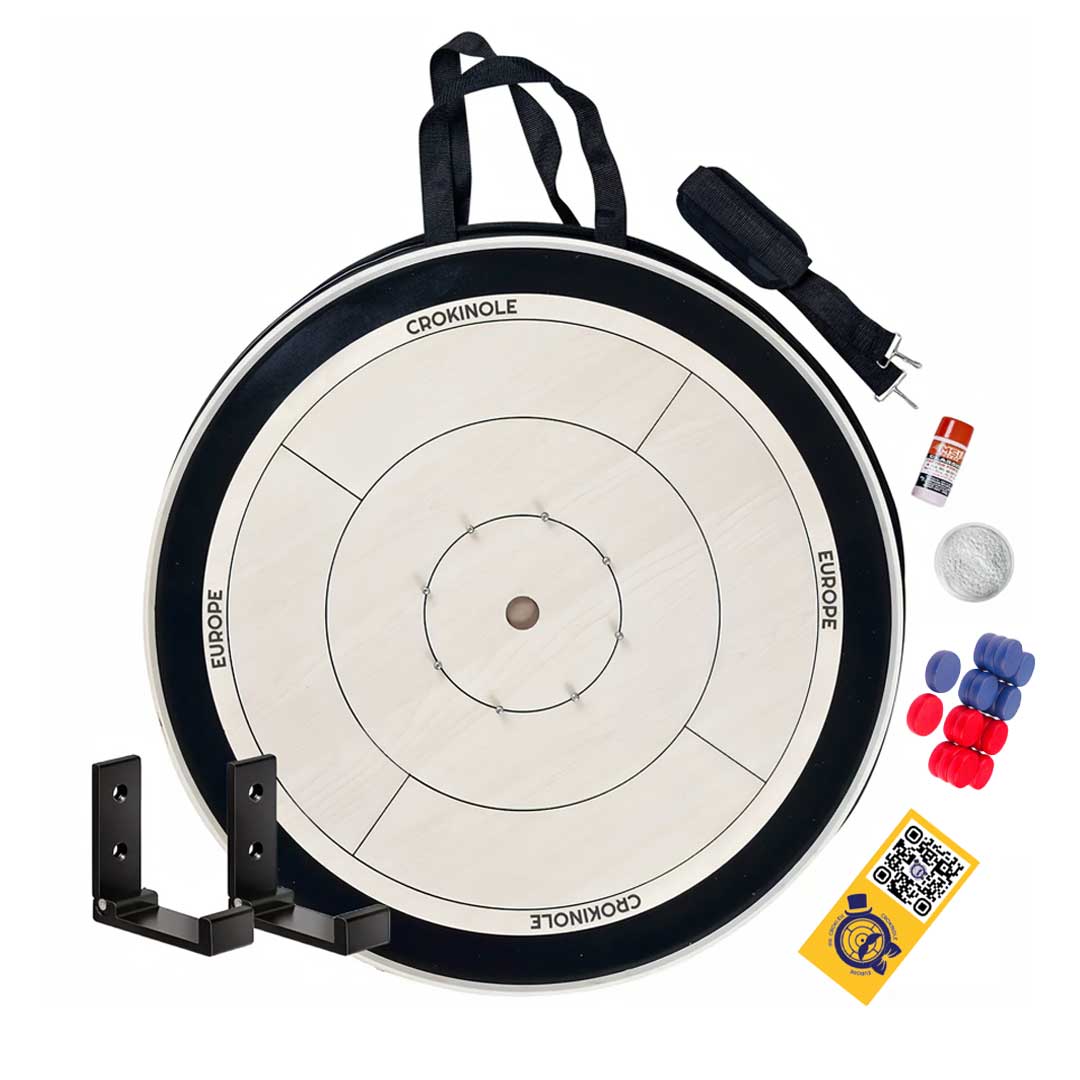 Gioco da Tavolo Crokinole - Tavola per Torneo, Dischi, Polvere di Scivolo + Kit per Montaggio a Muro & Borsa - Gioco da Tavolo Strategico per Amici e Famiglia