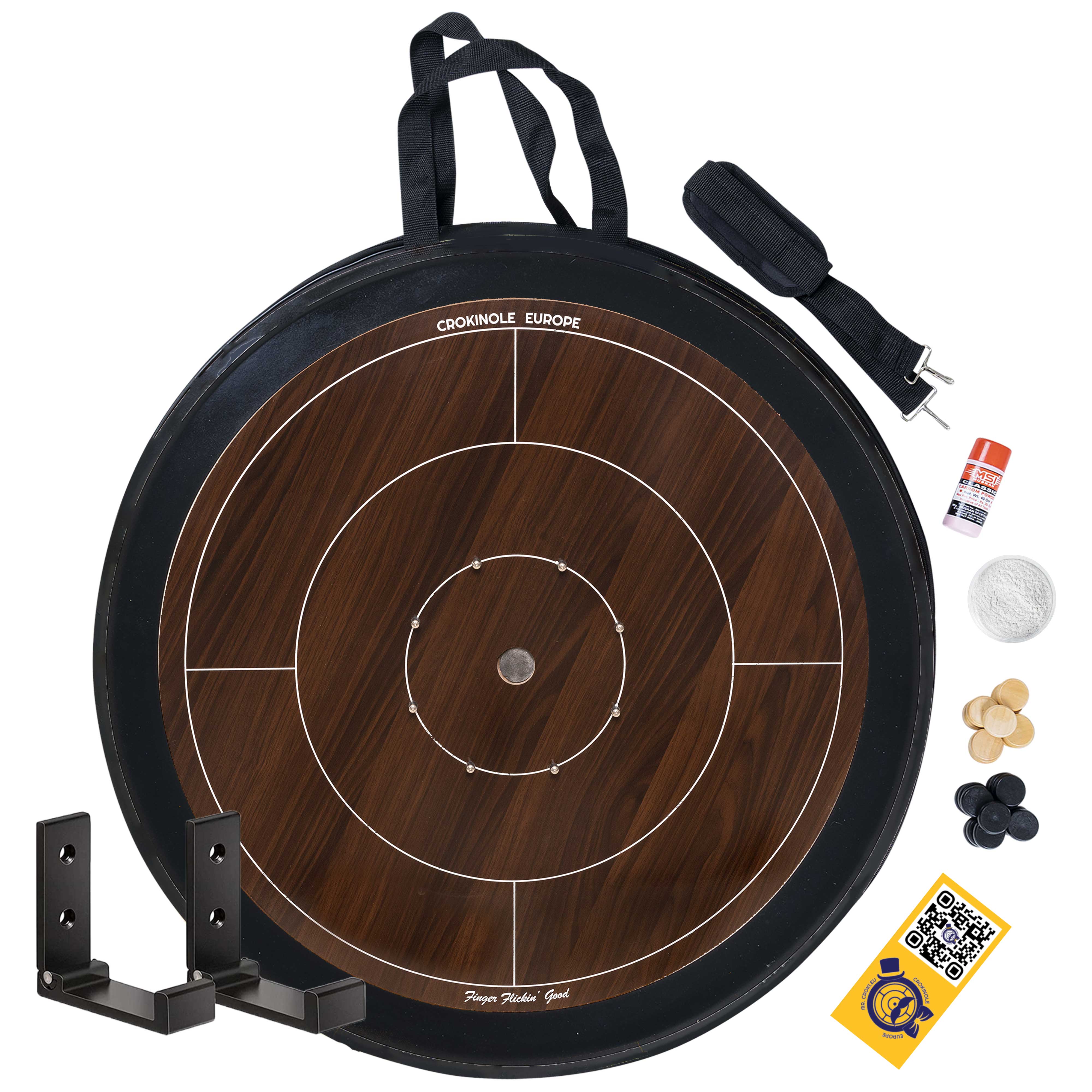 Crokinole Board Game - 'dark' Tournament Board, 26 Discs, Carrom Powder, Carrying Bag - Official Dimensions - Strategic Game for Young and Old - Buy Crokinole - Crokinole Europe