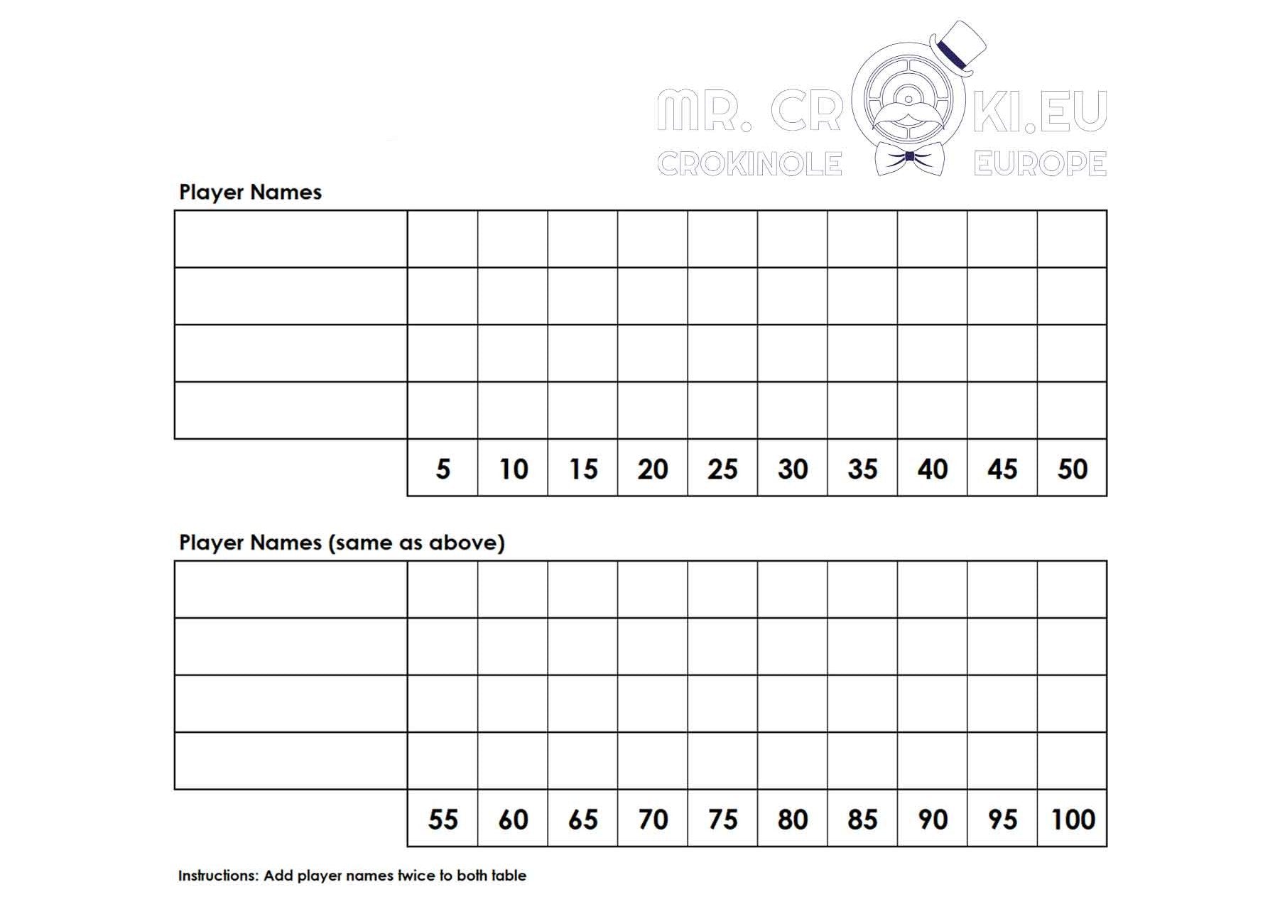 Crokinole Score Sheets - 25 Sheets