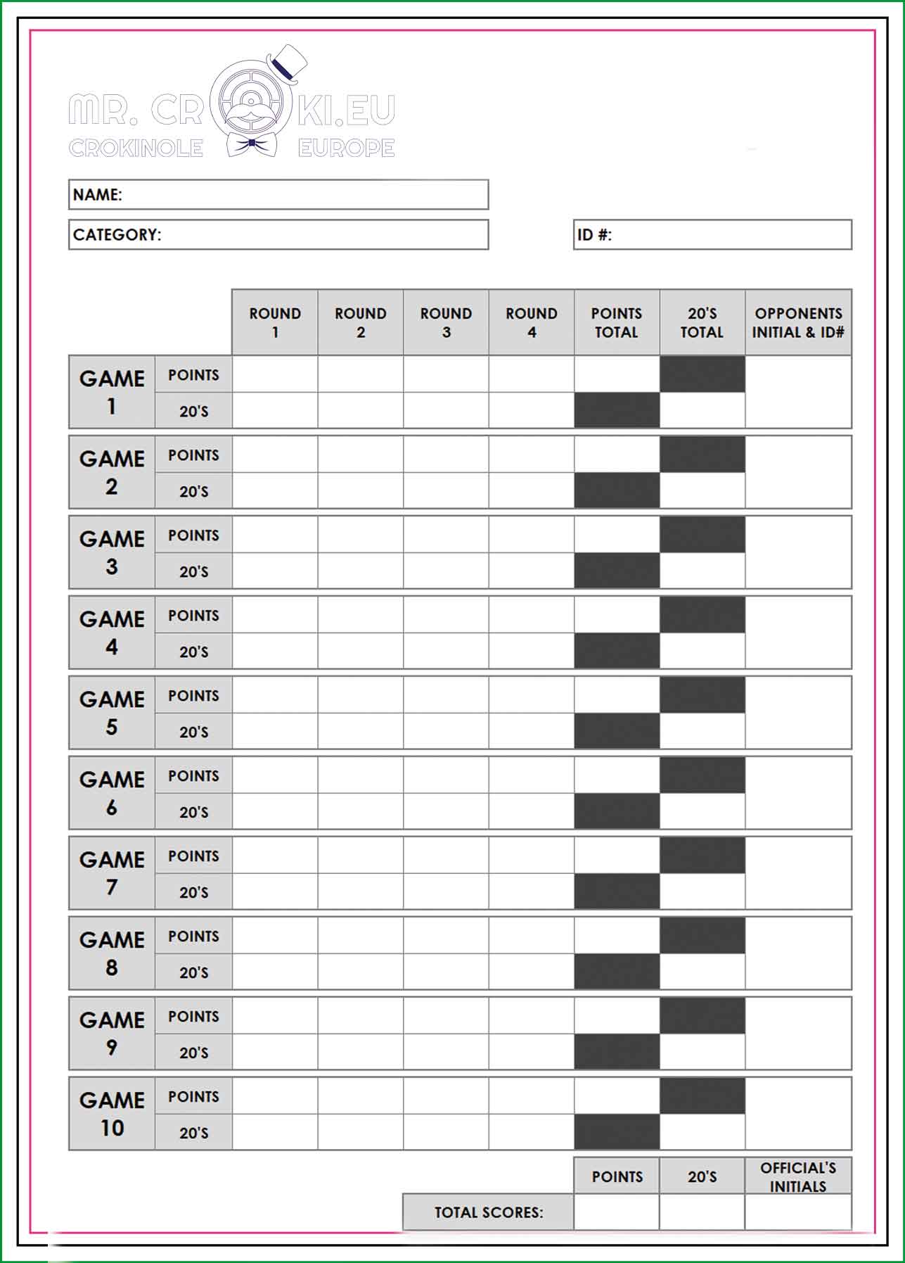 Crokinole Punktetabelle - Turnier-Matches - PDF